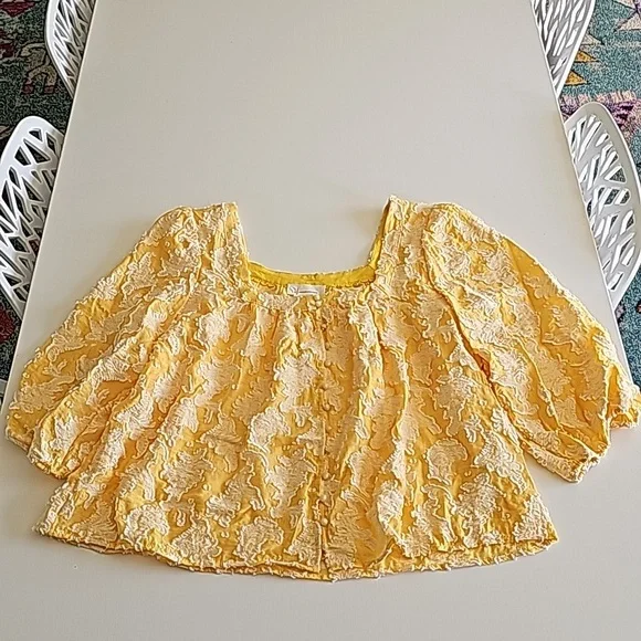 Anthropologie Yvonne Textured Button down yellow square neck flowy shirt XL - Picture 4 of 6